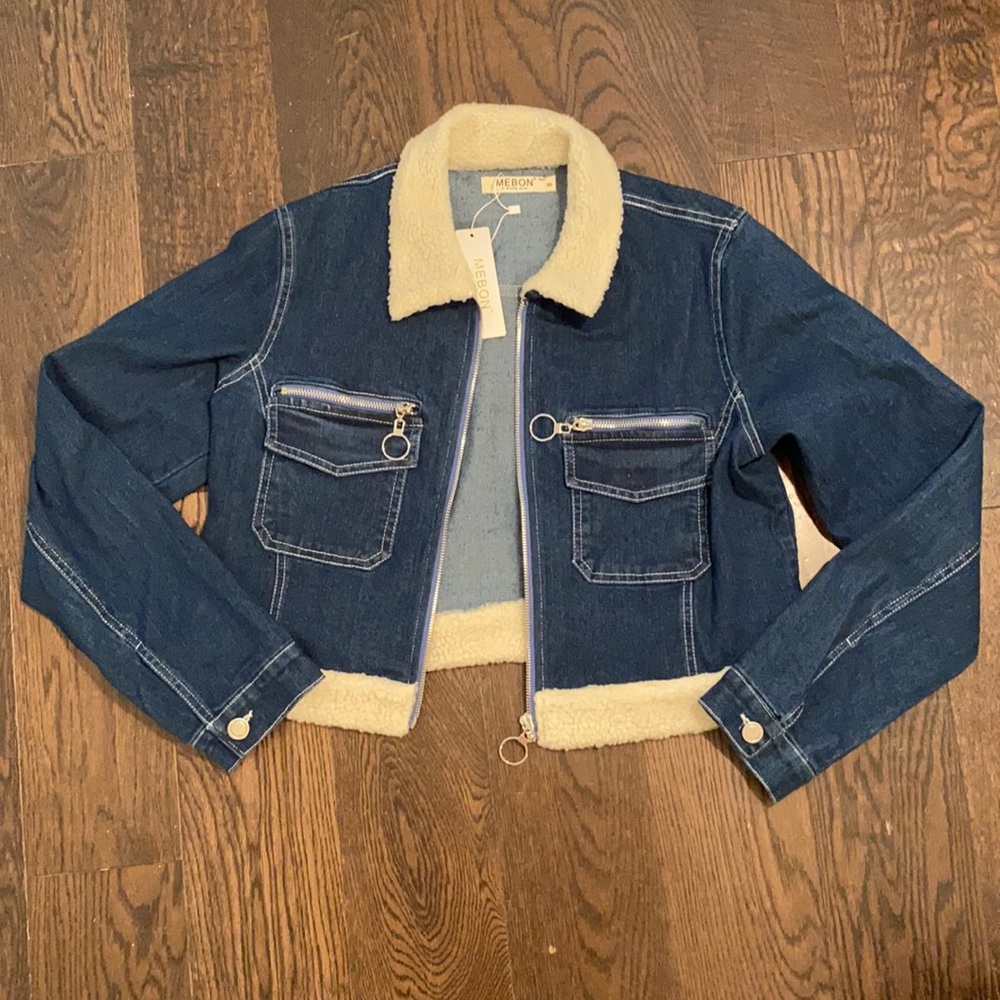 NWT Cropped Jean Jacket with Faux Shearling